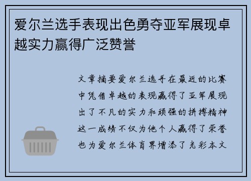 爱尔兰选手表现出色勇夺亚军展现卓越实力赢得广泛赞誉