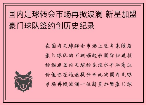 国内足球转会市场再掀波澜 新星加盟豪门球队签约创历史纪录